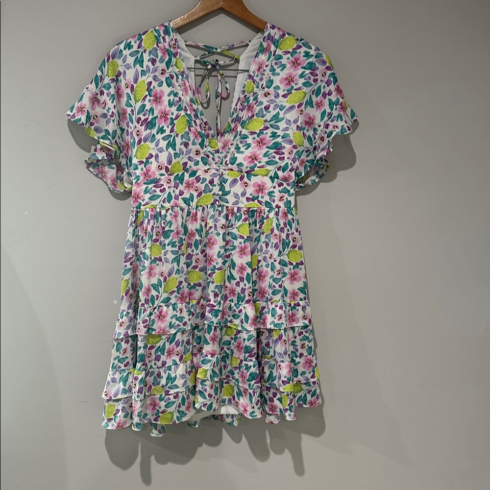BTFL-Life Floral Lemon Print Mini Dress Women’s Medium Ruffle Tiered Summer Boho